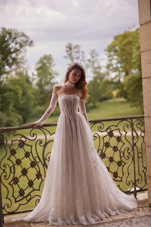 Lace wedding dress with corset, long separate sleeves, choker, and train